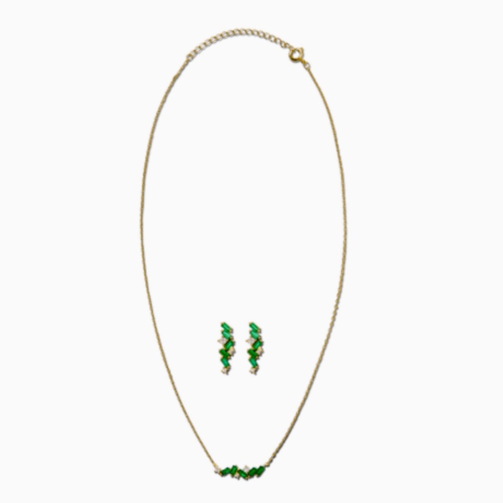 NWT Adina Eden Baguette Earring & Necklace Set in Emerald Green & Cubic Zirconia